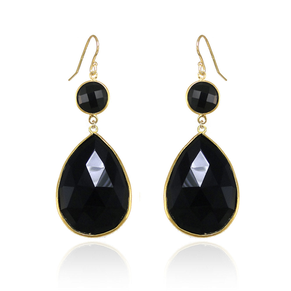Black Onyx Earring - Two tier earring - Large Gemstone Earrings - Bridesmaid Earrings - Bridal Earrings - Bezel set earring