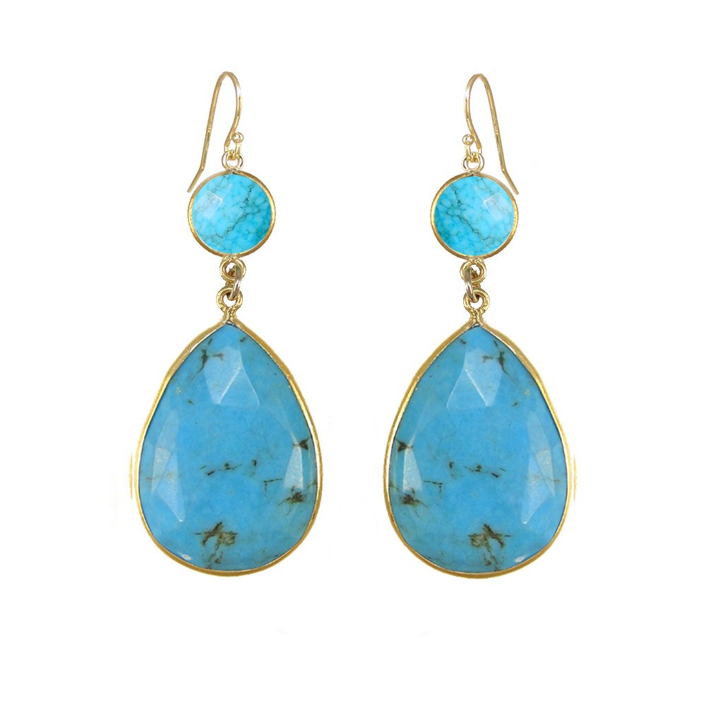 Turquoise Earring - Two tier earring - Large Gemstone Earring - Bridesmaid Earring - Bridal Earring - Bezel set earring- Blue stone Earring