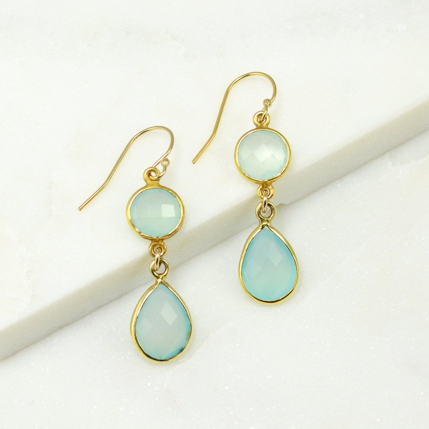 Aqua Chalcedony Earring - Color Gemstone Earrings - Dangle and Drop Earring - Two tier earring - Bezel Drop Earrings - Bridesmaid Earrings