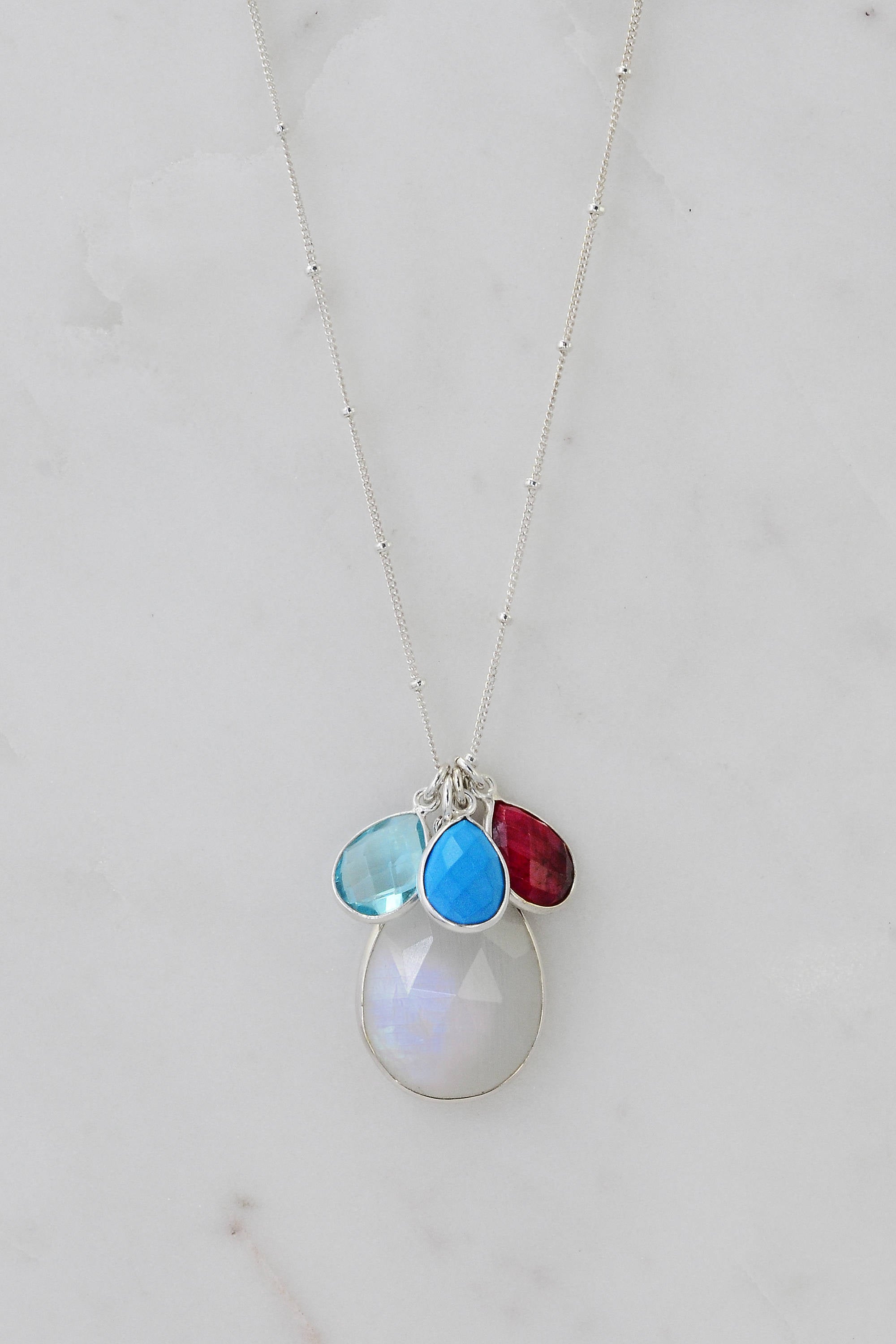 Sterling Silver Birthstone Necklace - Mothers Necklace - Silver Charm Necklace - Tear Drop Necklace - Bezel Set Necklace - Sterling Silver