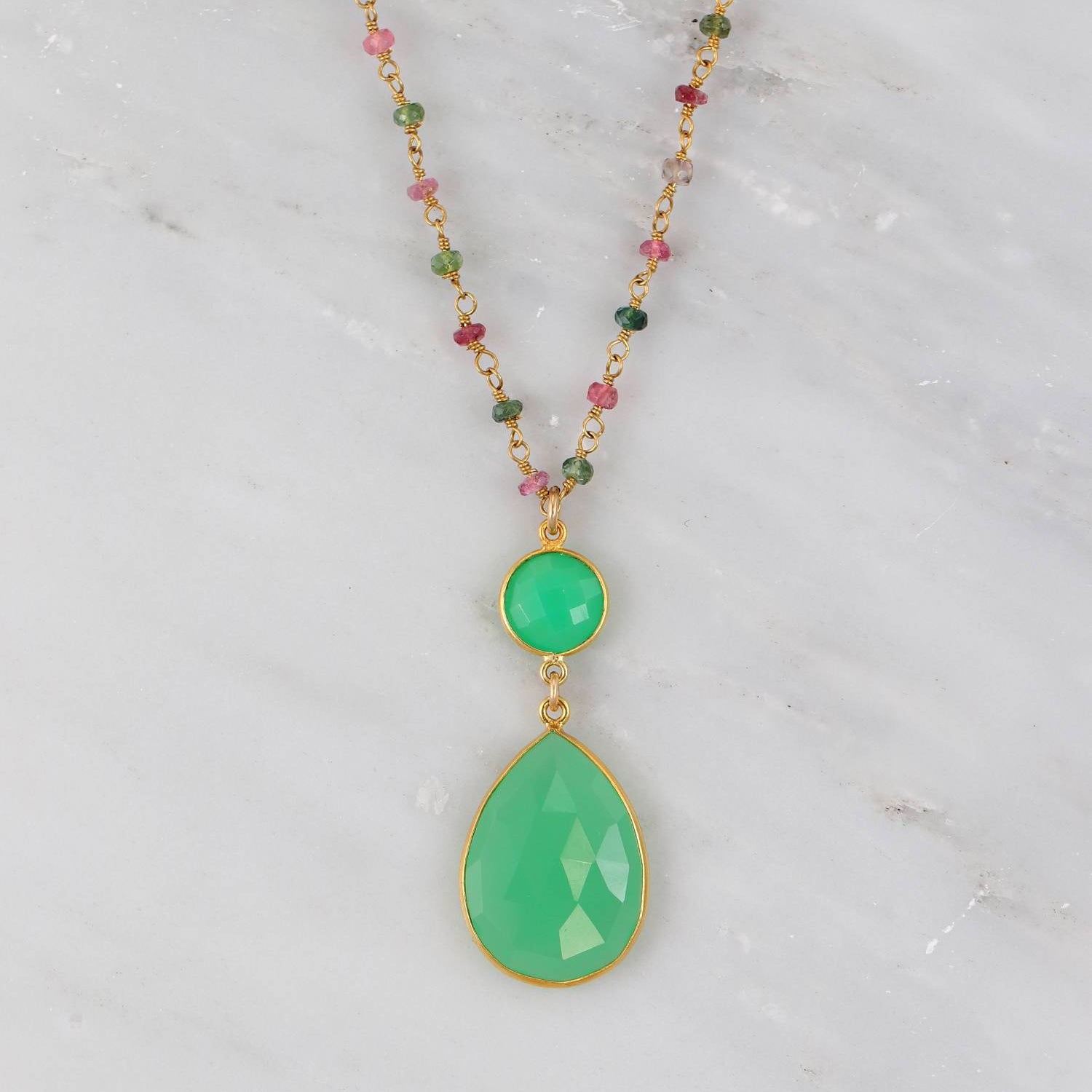 Chrysoprase Necklace, Multi Tourmaline Necklace, Green Teardrop Pendent Necklace, Gold Wire Wrapped Chain Necklace, Large Gemstone Necklace