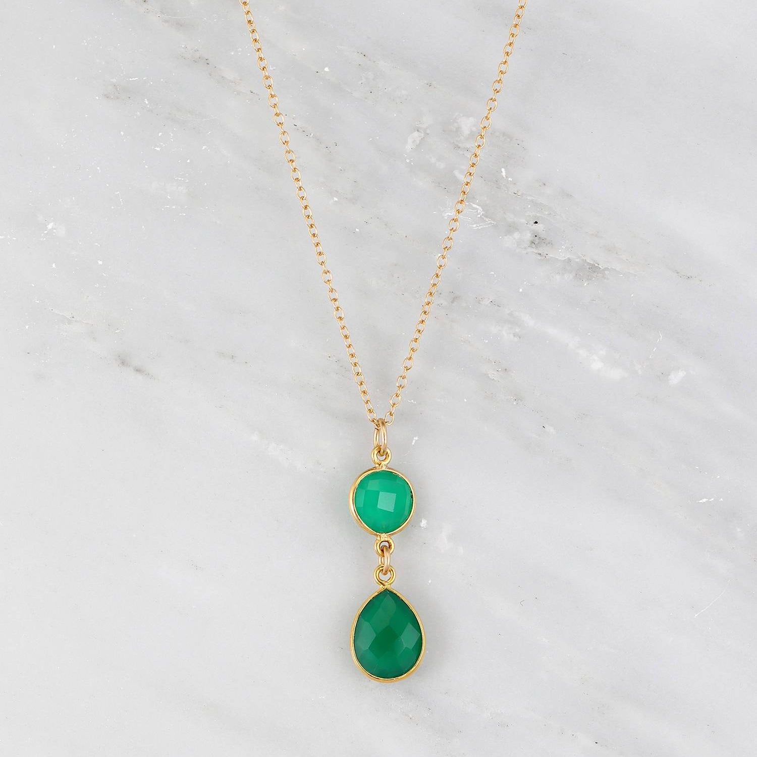 Green Onyx drop Necklace, Green stone Necklace, Onyx Jewelry, Gold Filled Necklace, Two Tier Necklace, Gift for Bridesmaids, Wedding Gift