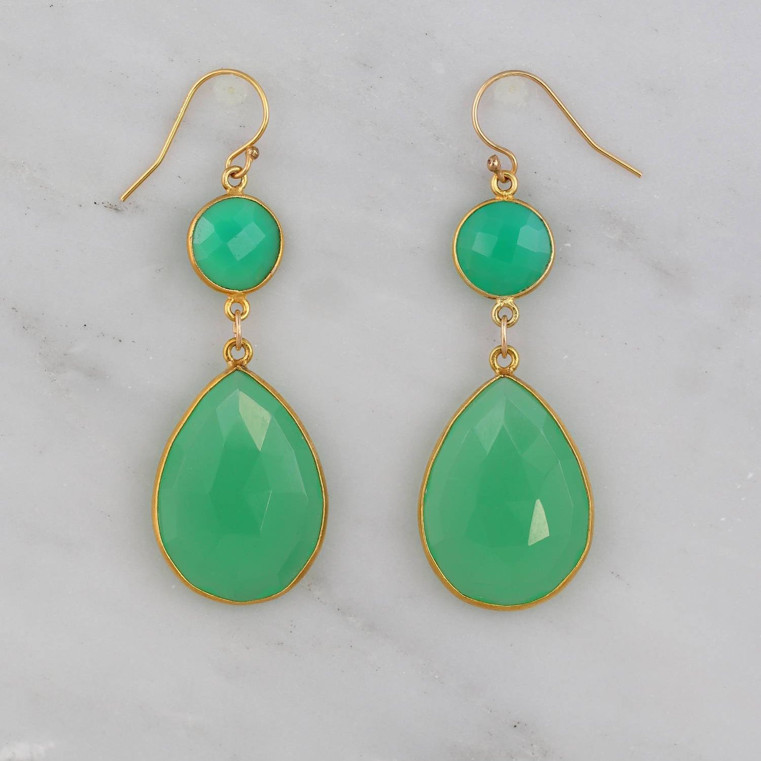 Chrysoprase Earring, Two Tier Earring, Green Gemstone Earring, Gold filled wires Earring, Large Gemstone Earring, Elegant Statement Earring