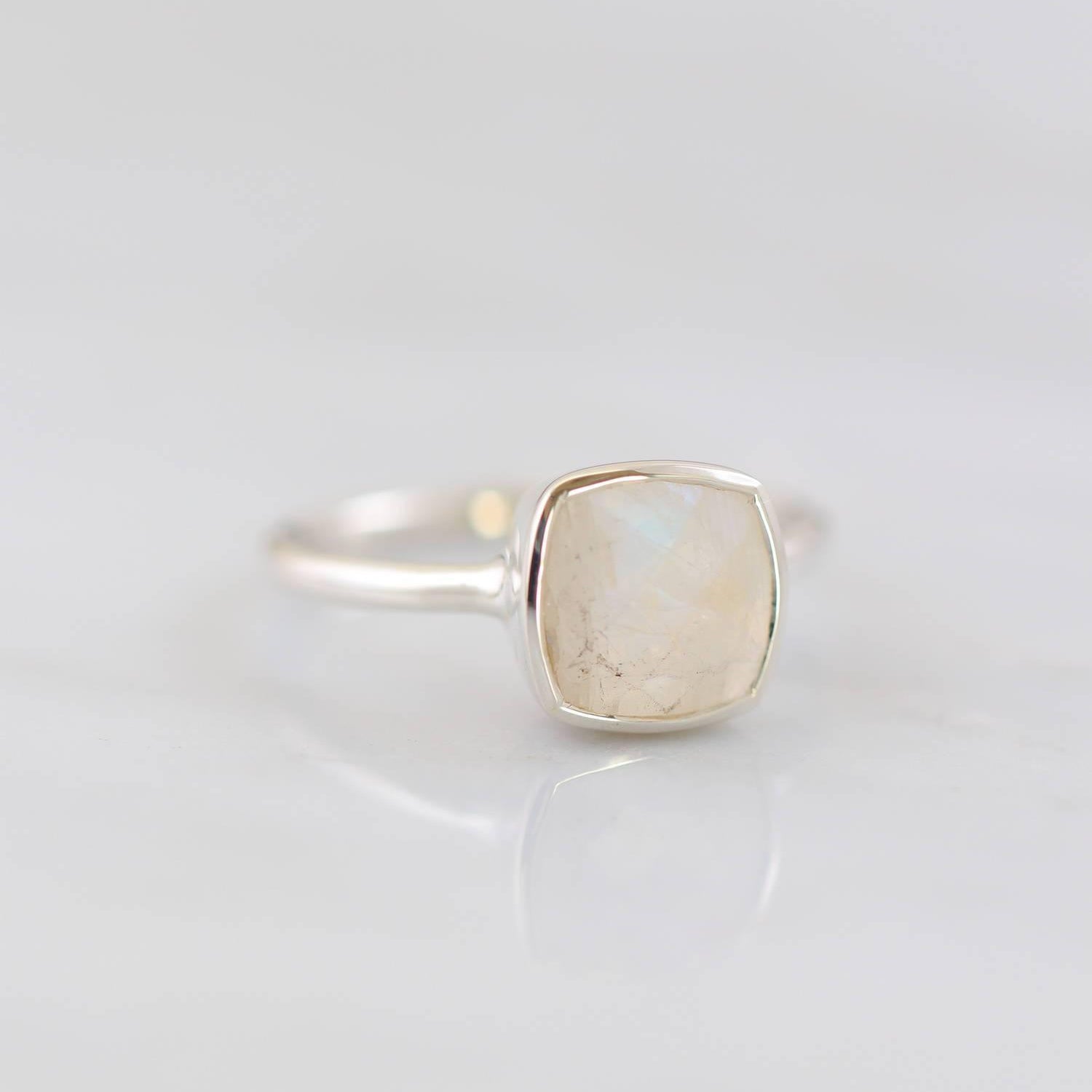 Moonstone Ring, Rainbow moonstone ring, Square ring, June Birthstone ring, Sterling silver Jewelry, Bezel set ring, Valentine's Gift for her