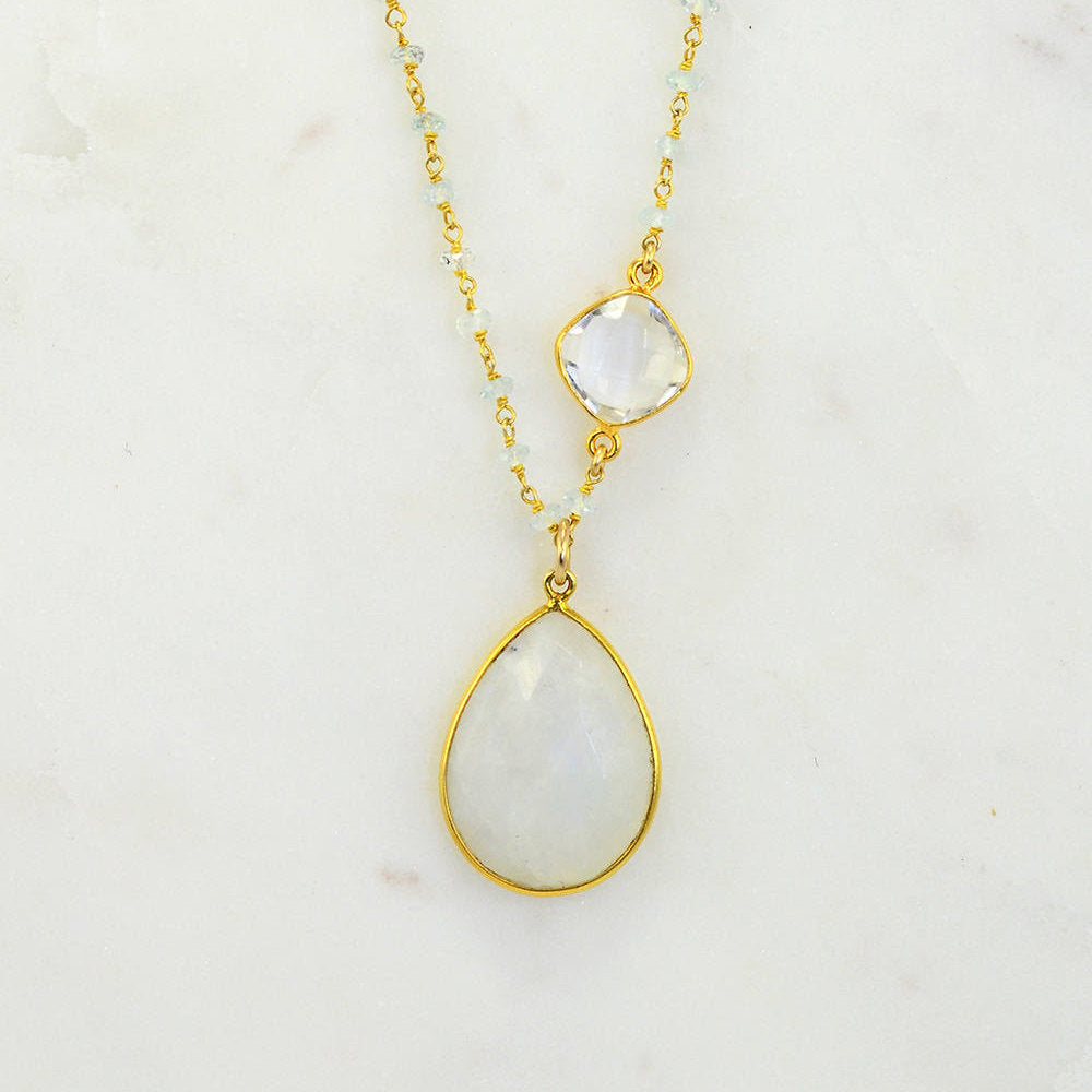 Moonstone Necklace - Aqua Chalcedonyn Wire Wrapped Necklac -Gemstone Necklace - Bezel Set Necklace - Teardrop Necklace - Mommy Necklace