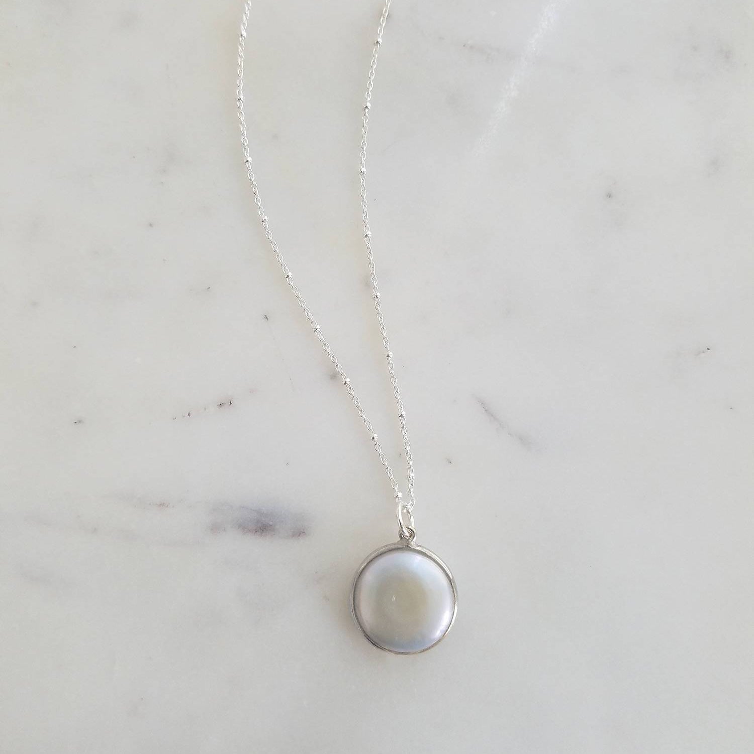 Pearl Necklace - Gemstone Charm Necklace - Round Gemstone Necklace - Bezel Set Necklace - Bridal Jewelry - Bridesmaid Necklace