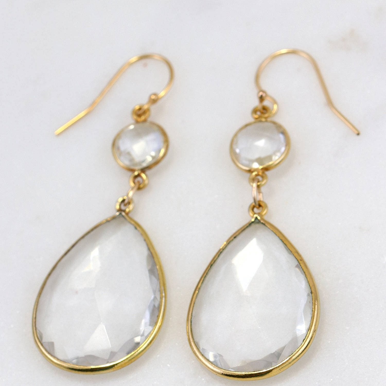 Clear Quartz Double Drop Earrings, Crystal Quartz Earring, Bridal gold Earrings, Wedding Earring, Bridal Silver Earring, Bridesmaids Earring