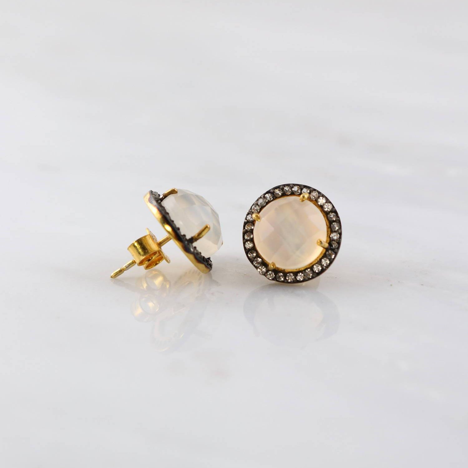 Chalcedony Studs Earring, Simple Post Studs, Oxidized Studs, Gold Studs Earring, Topaz Studs, Bridesmaid Gift, Gift for her, Designer Studs
