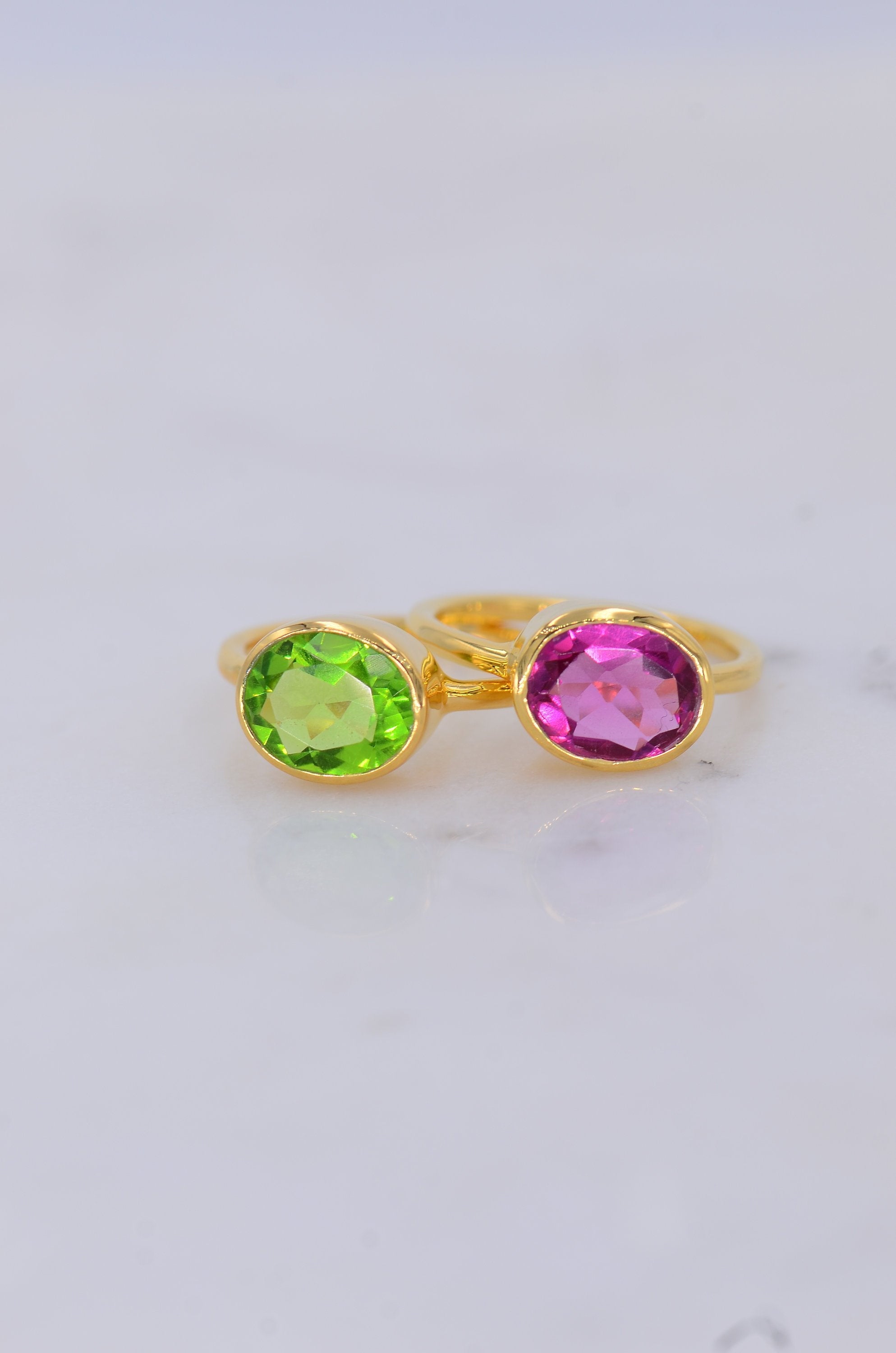 Valentine's gift for her, Duo Gemstone Ring, Birthstone ring, August Birthstone ring, Peridot ring, Pink Fuchsia ring, Gems stackable ring