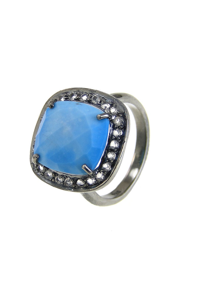 Turquoise ring, December Birthstone ring, White topaz ring, Black rhodium ring, Simple ring, Everyday ring, Cushion shape ring, Prongs ring