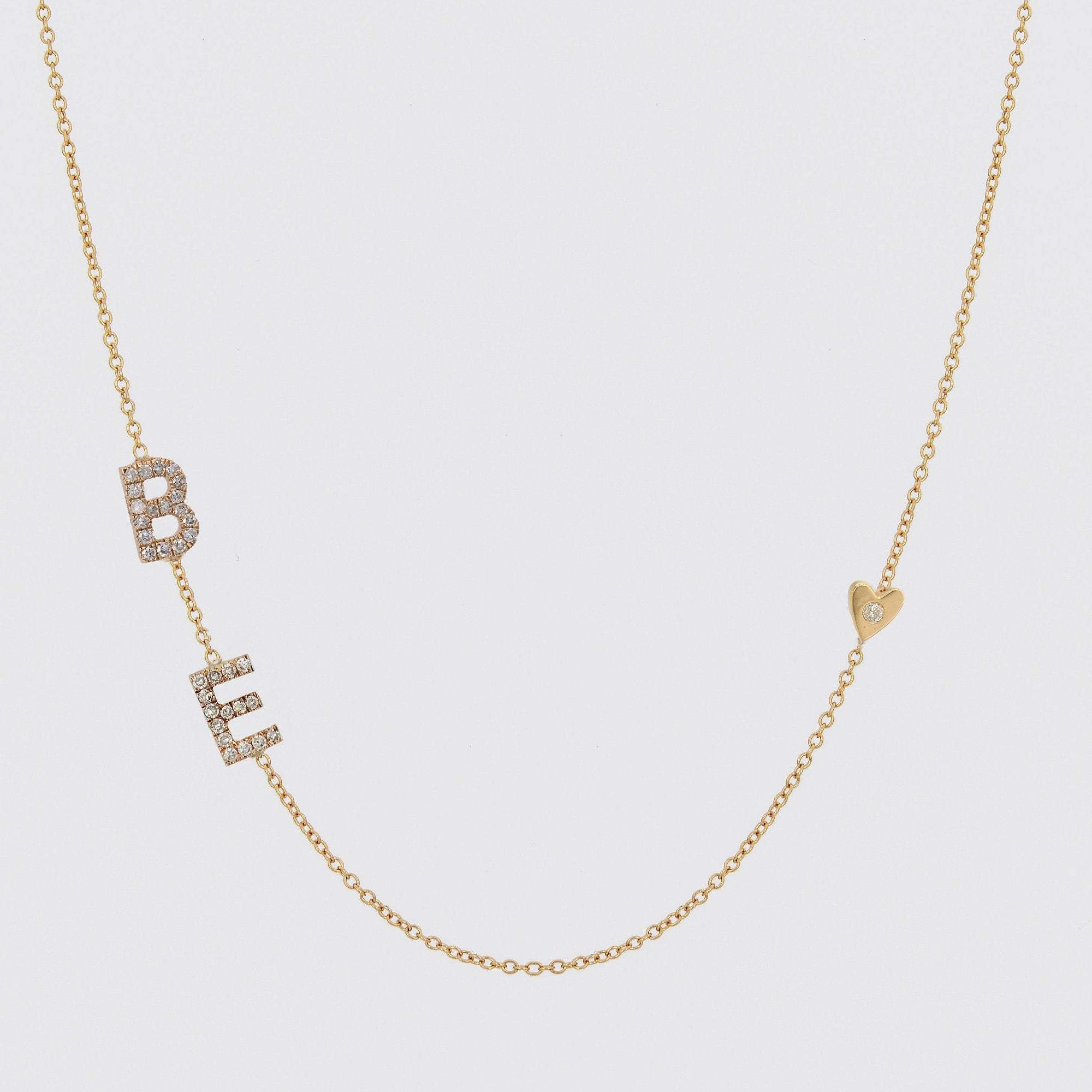 Sideways Initial Necklace with Heart and Diamonds, Alphabet Letter Necklace