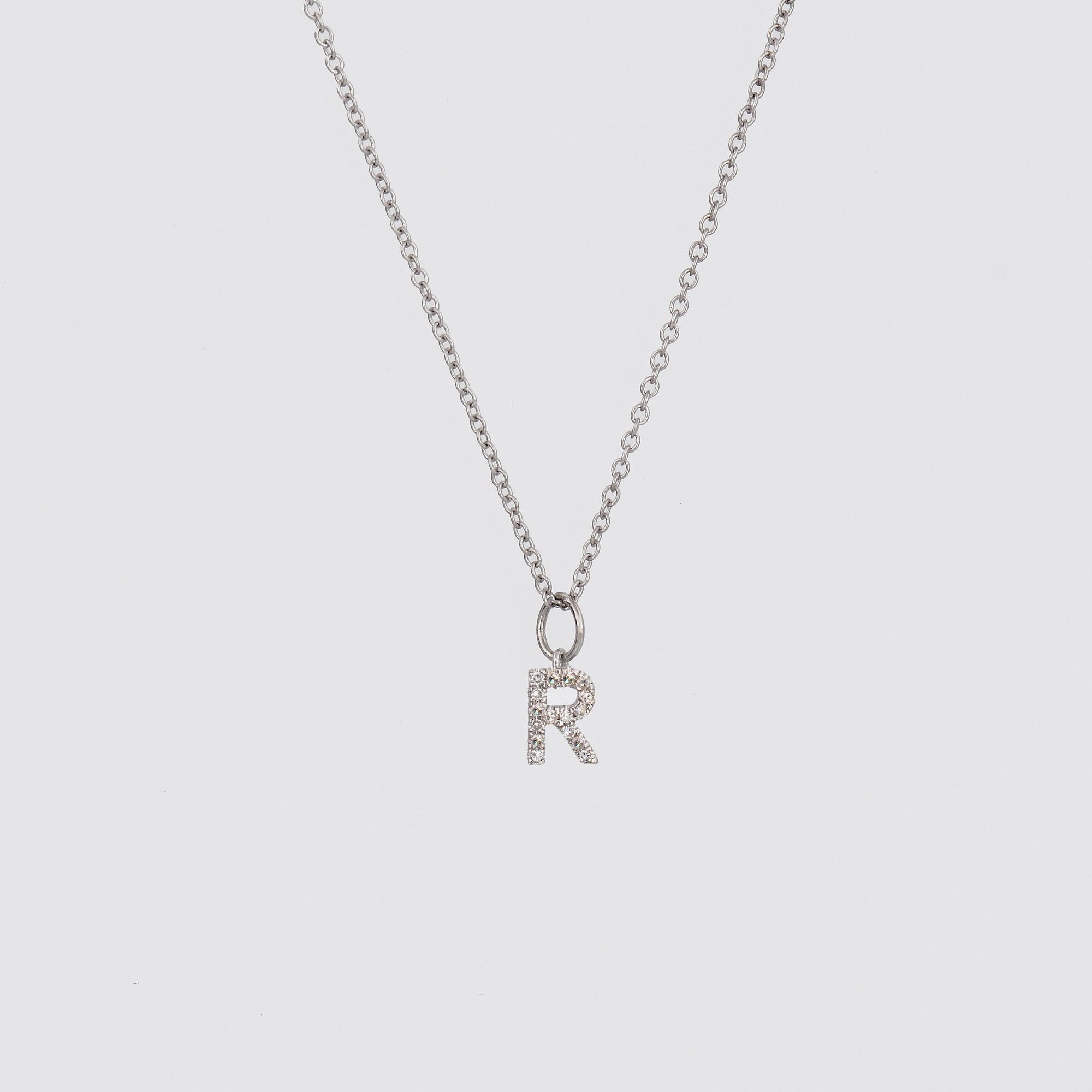 14k White Gold Initial Letter necklace, Pave Initial Necklace
