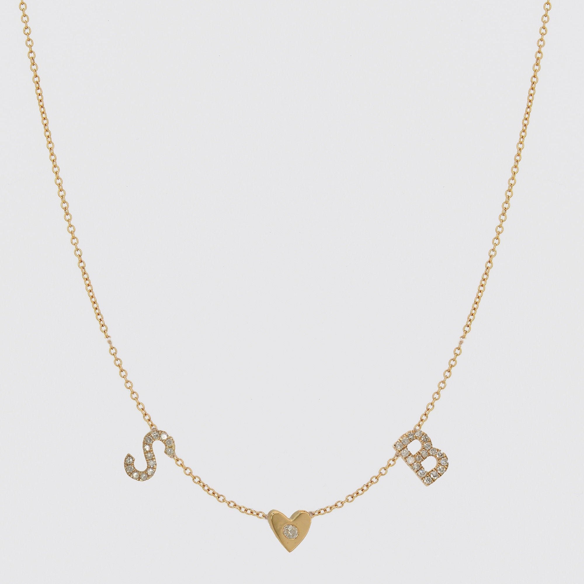 Diamond Initials Necklace with Heart, Alphabet Letter Necklace