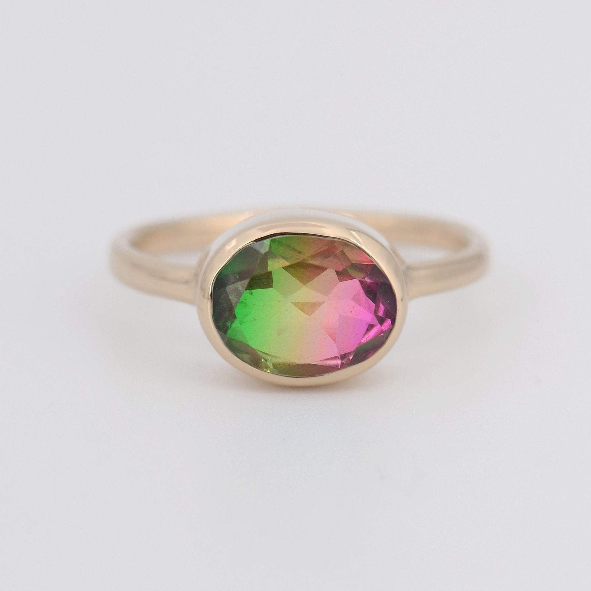 Bicolor Watermelon Tourmaline Slice Ring, October Birthstone Ring – Cantik