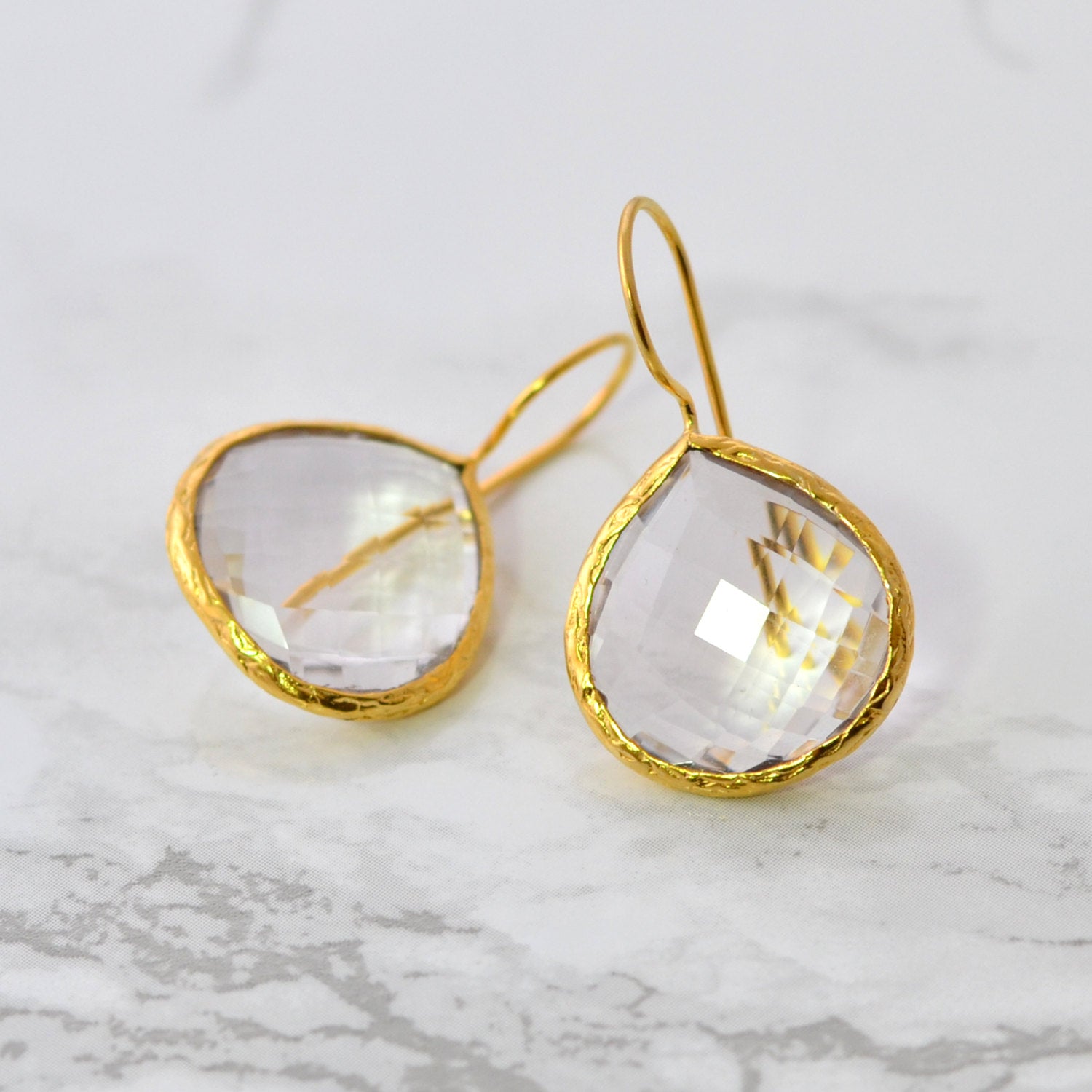 Clear Quartz Earring - Wedding Gemstone Earring - Elegant Simple Earring - Tear Drop Earring - Gold Framed Earring - Bridesmaid Earring