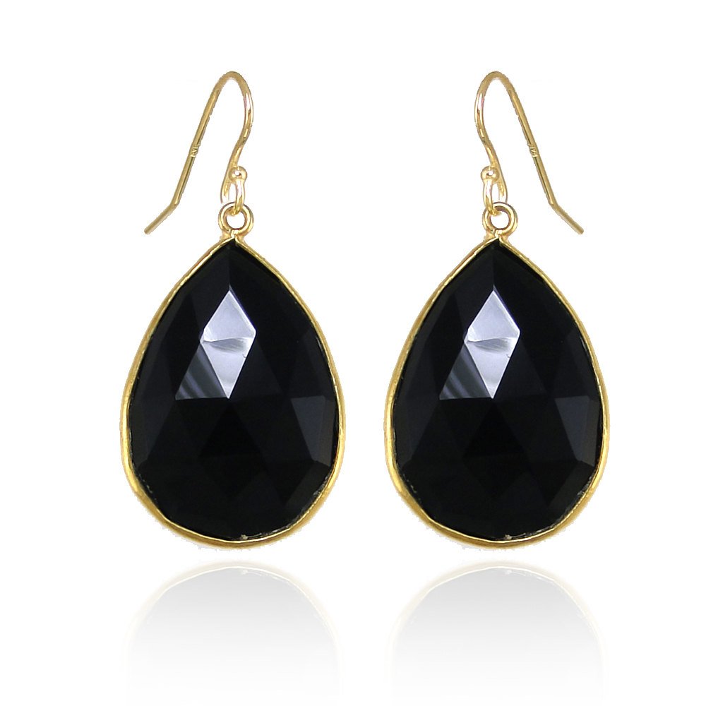 Black Onyx earring, Gift, Bezel Set Stones, Dangle and drop earring, Gemstone - Perfect earring Gift, Gold Black Earring, Pear Shape Earring
